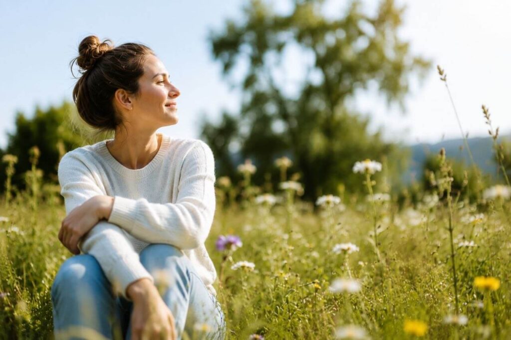Frau ist entspannt, sitzt in der Natur, Wiese