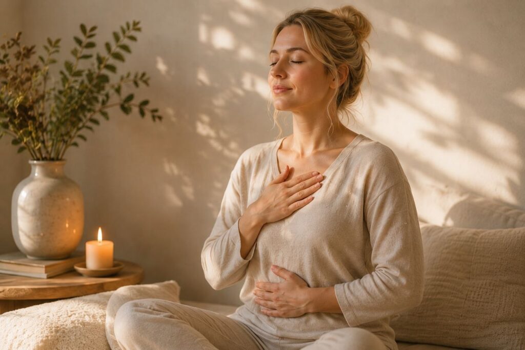 atemübung, stressregulation, frau atmet tief ein, stress reduzieren, stress abbauen